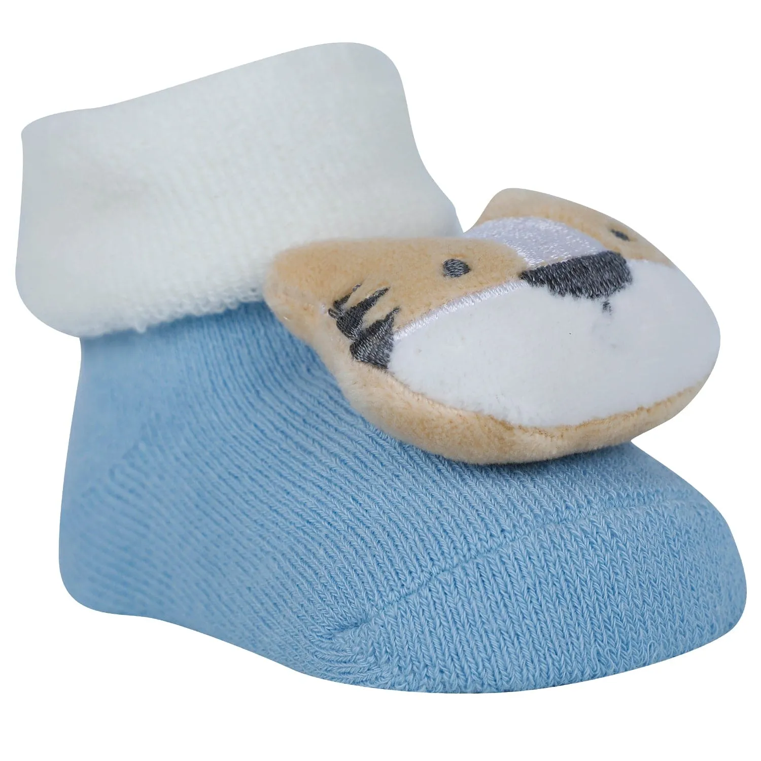 Baby Moo Tiger And Hippo 3D Rattle Anti-Skid Socks Booties Pack of 2 - Blue, Green