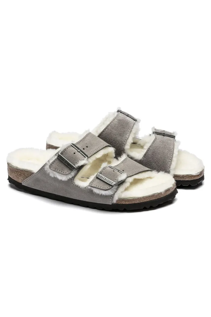 Birkenstock Arizona Fur Regular Width in Stone Coin