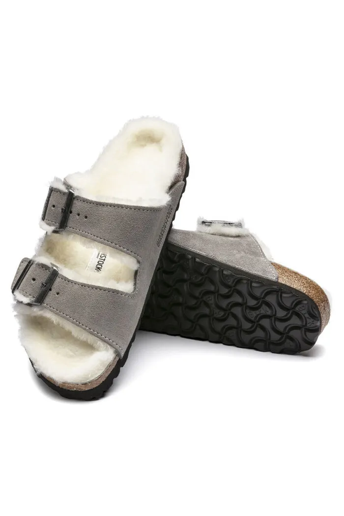 Birkenstock Arizona Fur Regular Width in Stone Coin