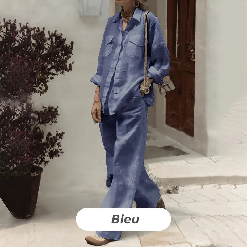 Causal Long-Sleeved Top Wide-Leg Pants 2-piece Set