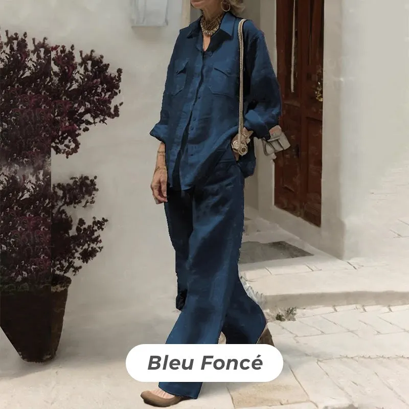 Causal Long-Sleeved Top Wide-Leg Pants 2-piece Set