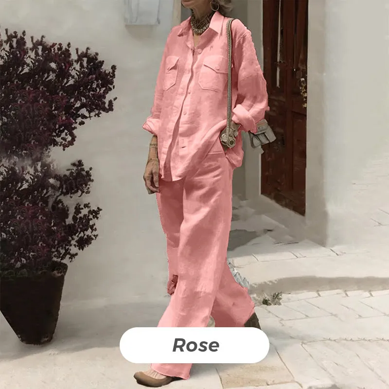 Causal Long-Sleeved Top Wide-Leg Pants 2-piece Set