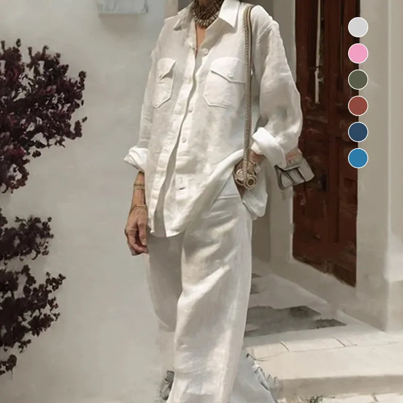 Causal Long-Sleeved Top Wide-Leg Pants 2-piece Set