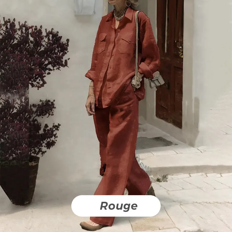 Causal Long-Sleeved Top Wide-Leg Pants 2-piece Set