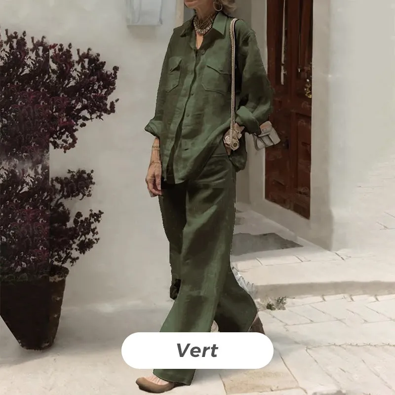 Causal Long-Sleeved Top Wide-Leg Pants 2-piece Set