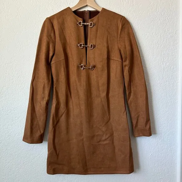 Commense Vegan Suede Metal Detail Long Sleeve Mini Dress S NWT