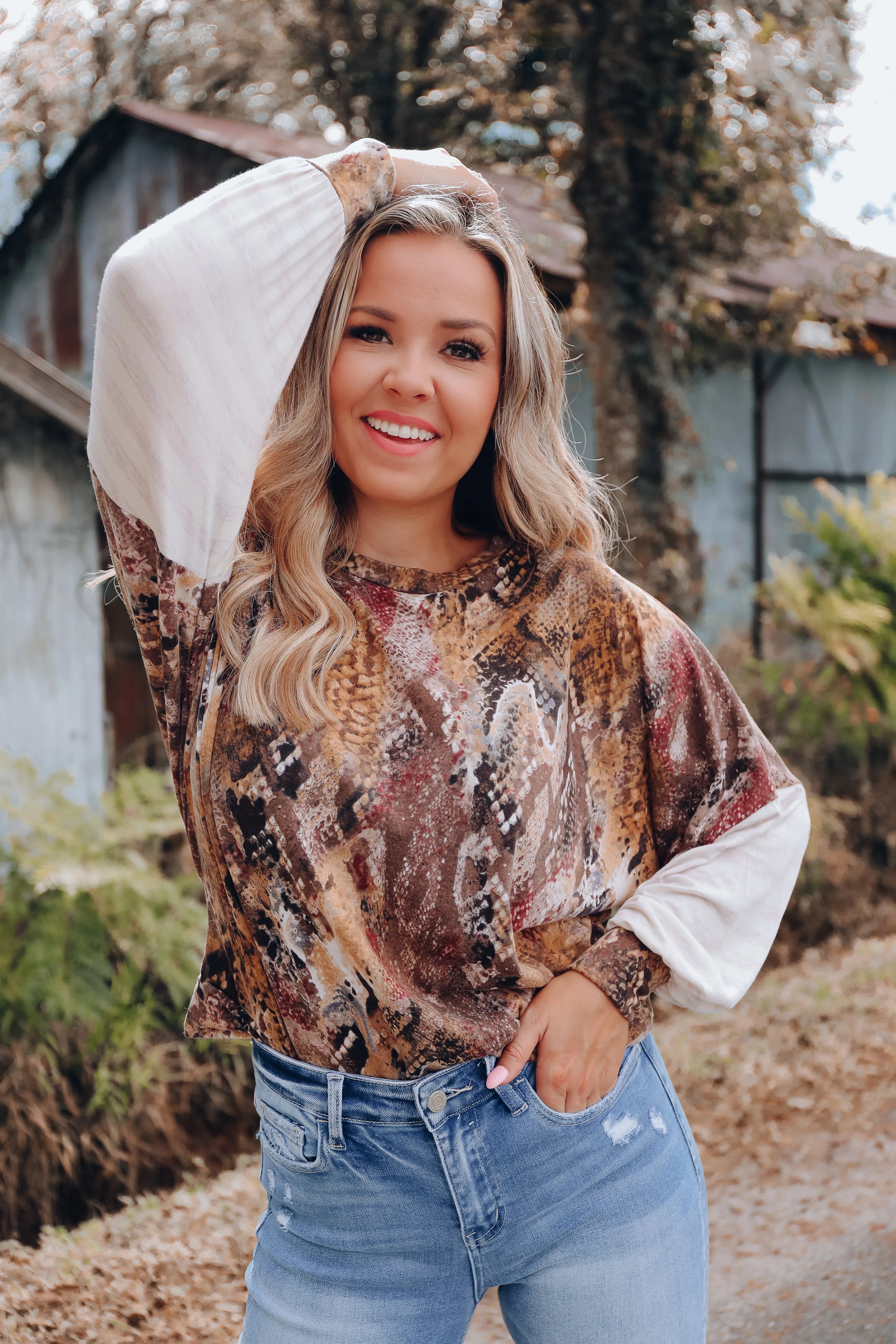 Contrast Bell Sleeve Top - Mustard/Brown