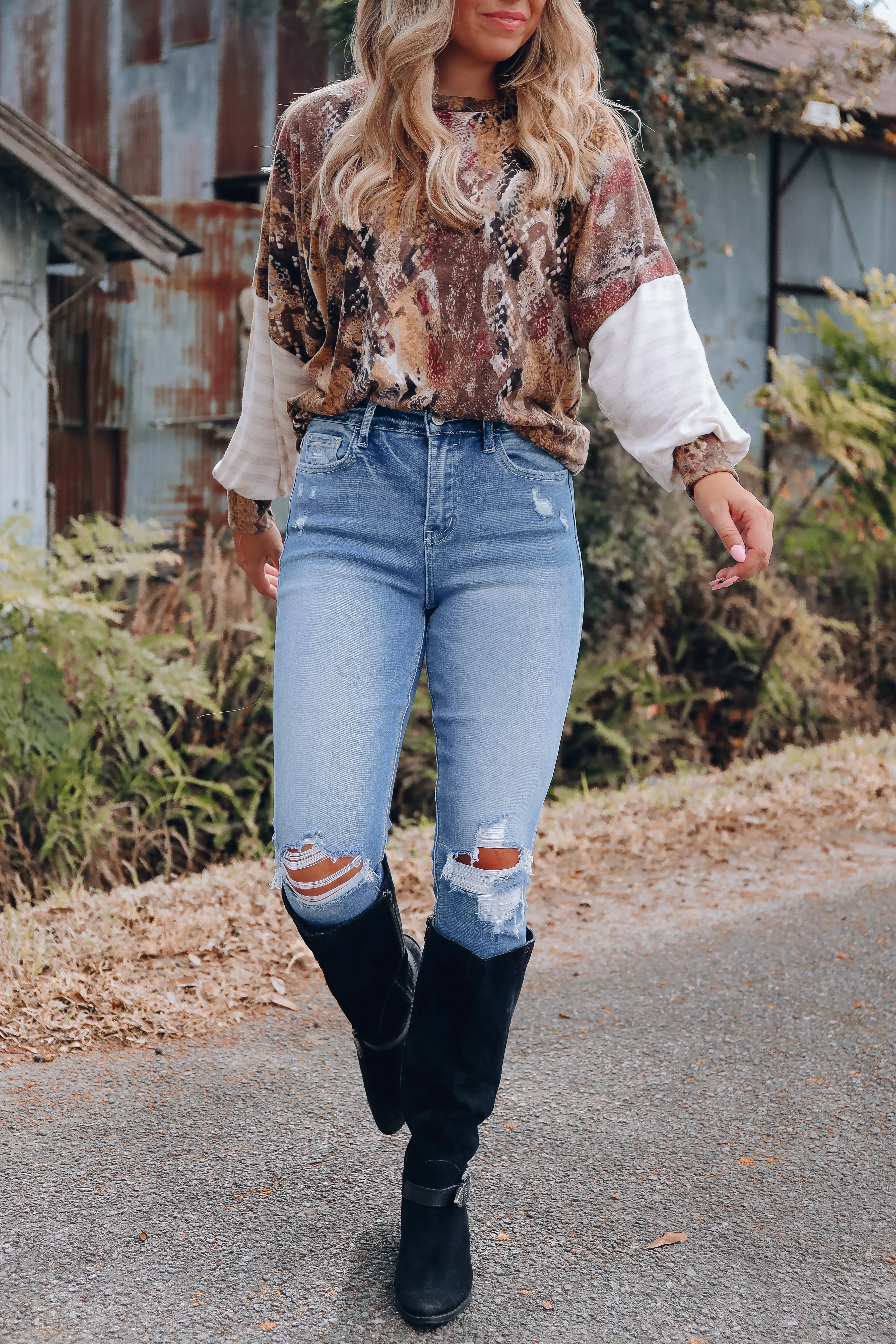 Contrast Bell Sleeve Top - Mustard/Brown