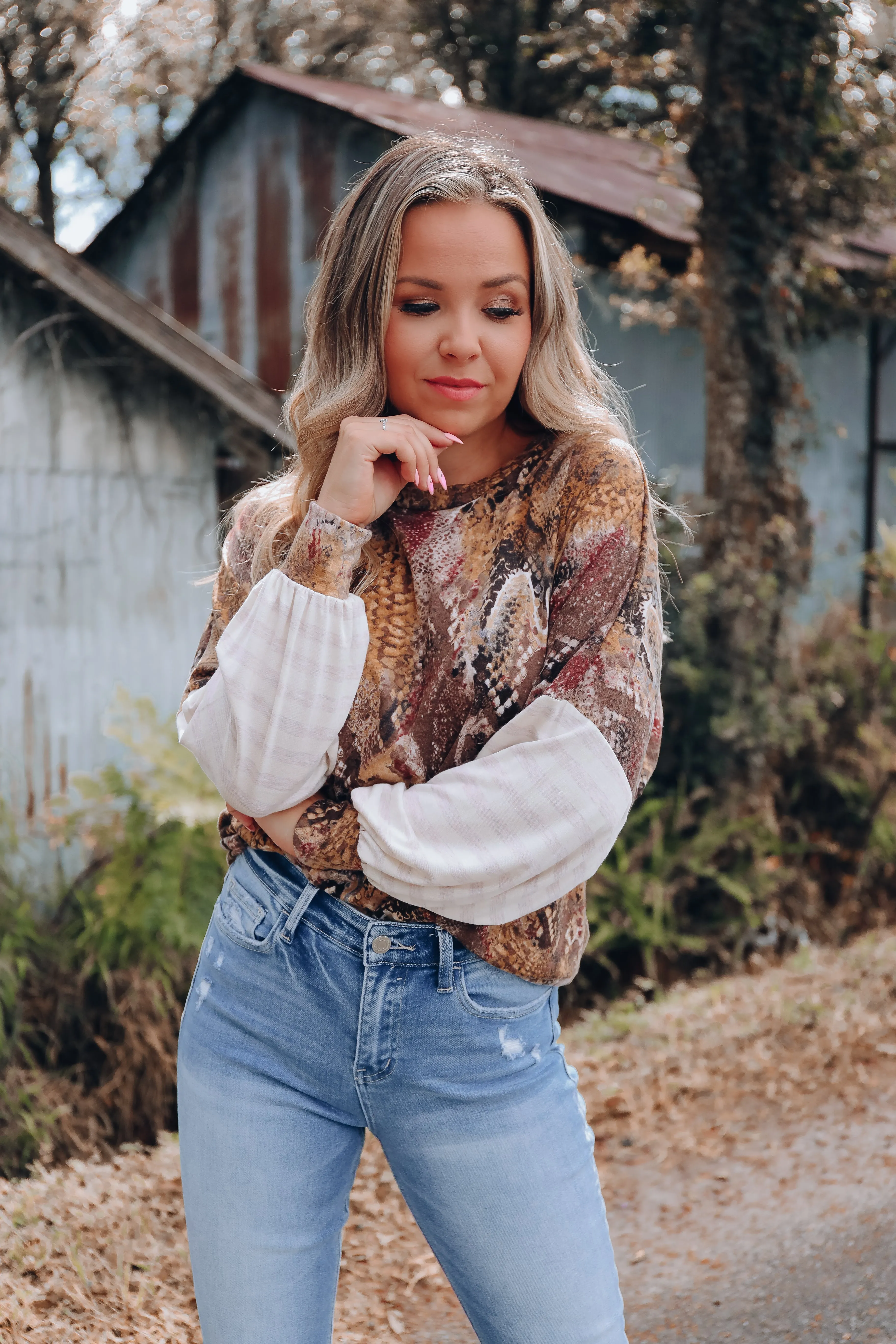 Contrast Bell Sleeve Top - Mustard/Brown