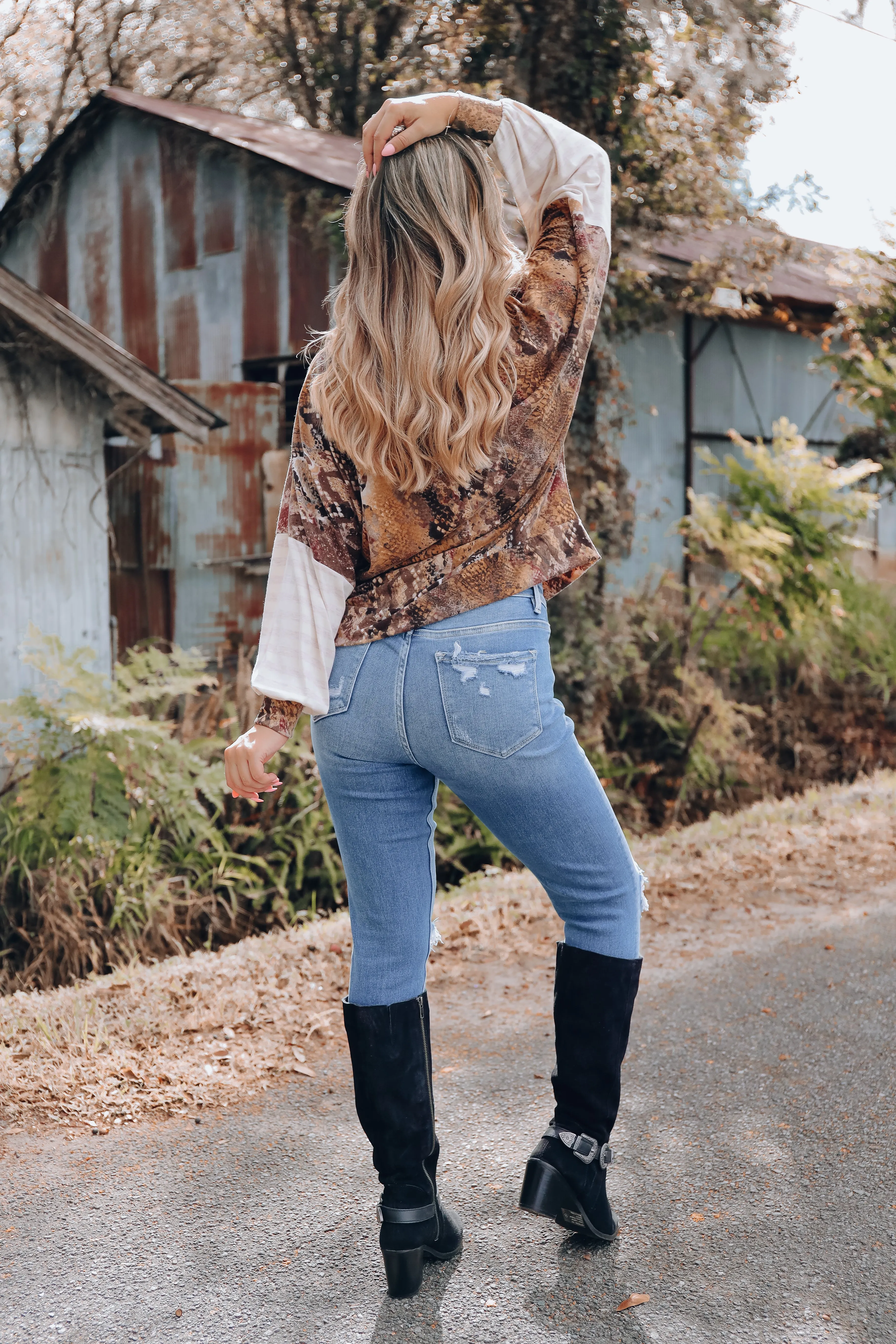 Contrast Bell Sleeve Top - Mustard/Brown