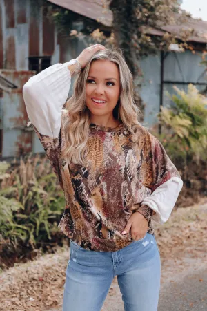 Contrast Bell Sleeve Top - Mustard/Brown