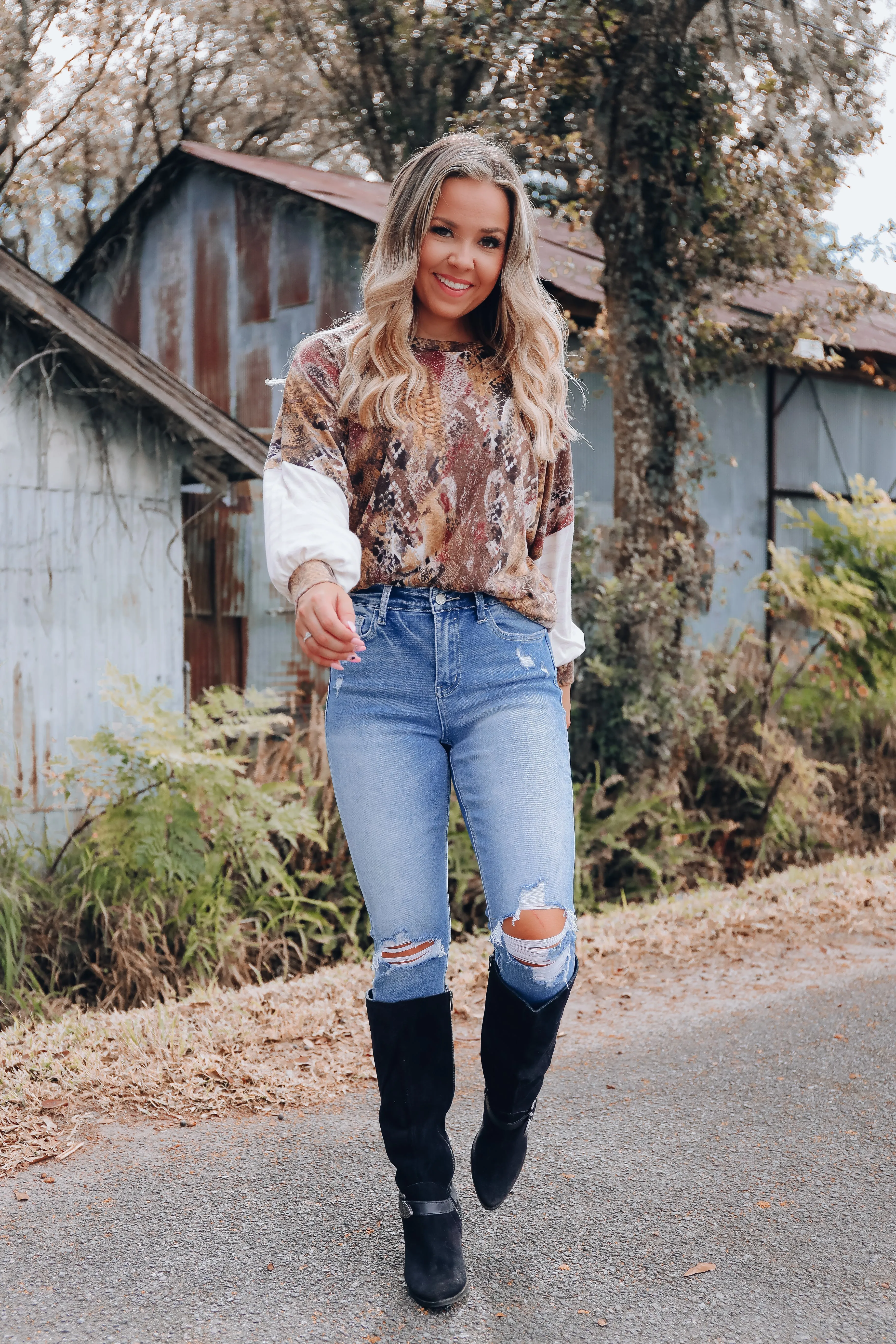 Contrast Bell Sleeve Top - Mustard/Brown