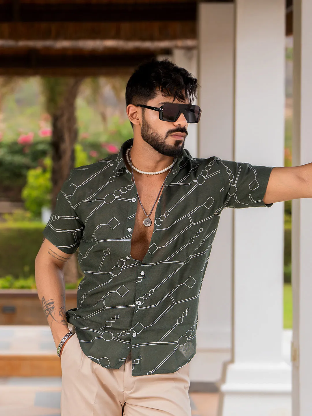 Dark Green  Abstract Embroidered Linen Blend Half Sleeve Shirt