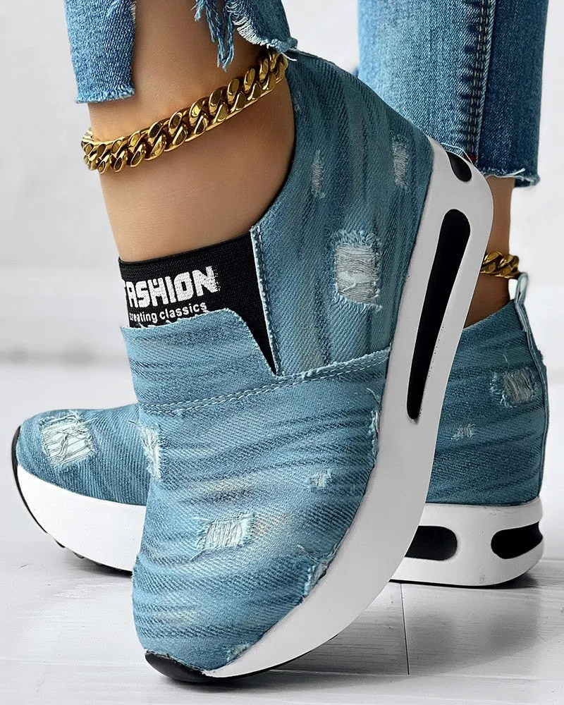 Denim Ripped Platform Slip On Muffin Sneakers