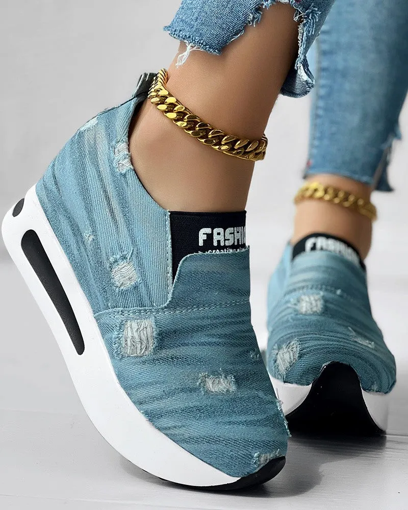 Denim Ripped Platform Slip On Muffin Sneakers