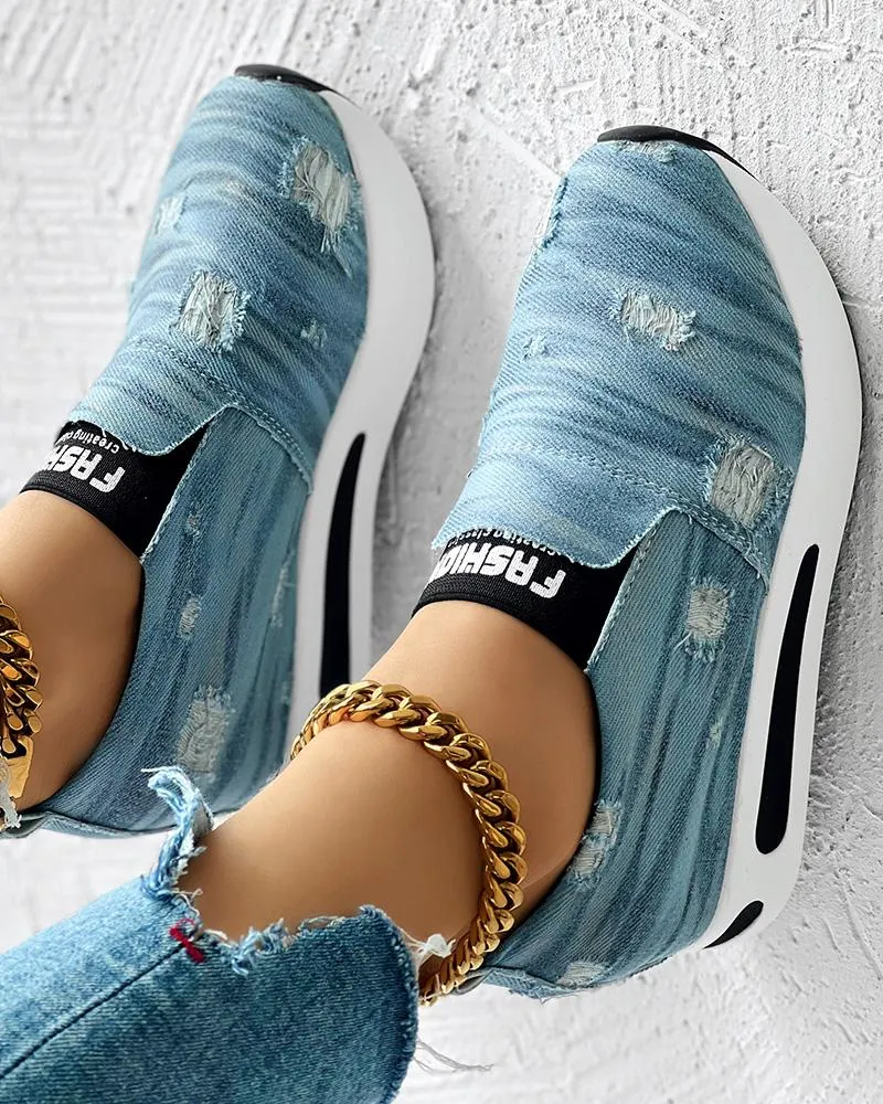 Denim Ripped Platform Slip On Muffin Sneakers