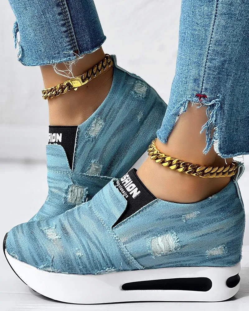 Denim Ripped Platform Slip On Muffin Sneakers