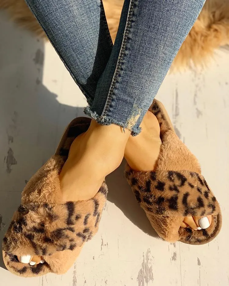 Fluffy Leopard Crisscross Peep Toe Slippers
