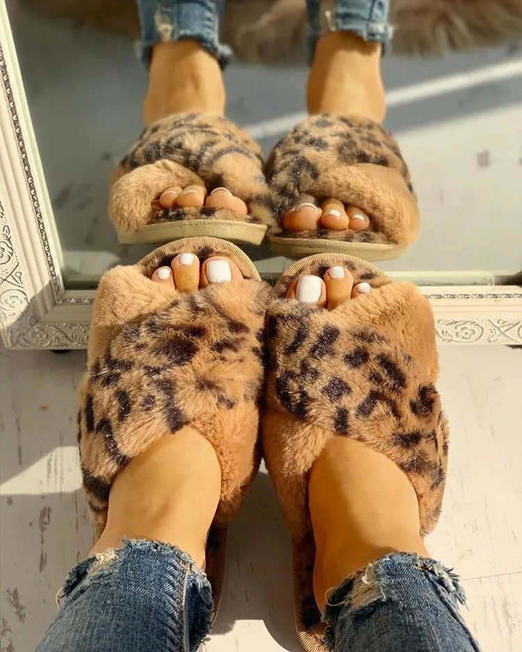 Fluffy Leopard Crisscross Peep Toe Slippers