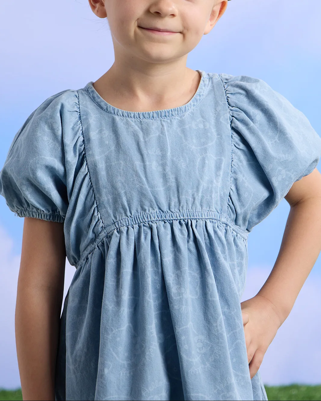 Girls Blue Printed Denim Dress
