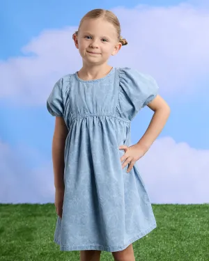 Girls Blue Printed Denim Dress