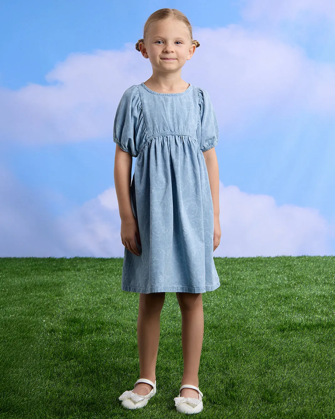 Girls Blue Printed Denim Dress