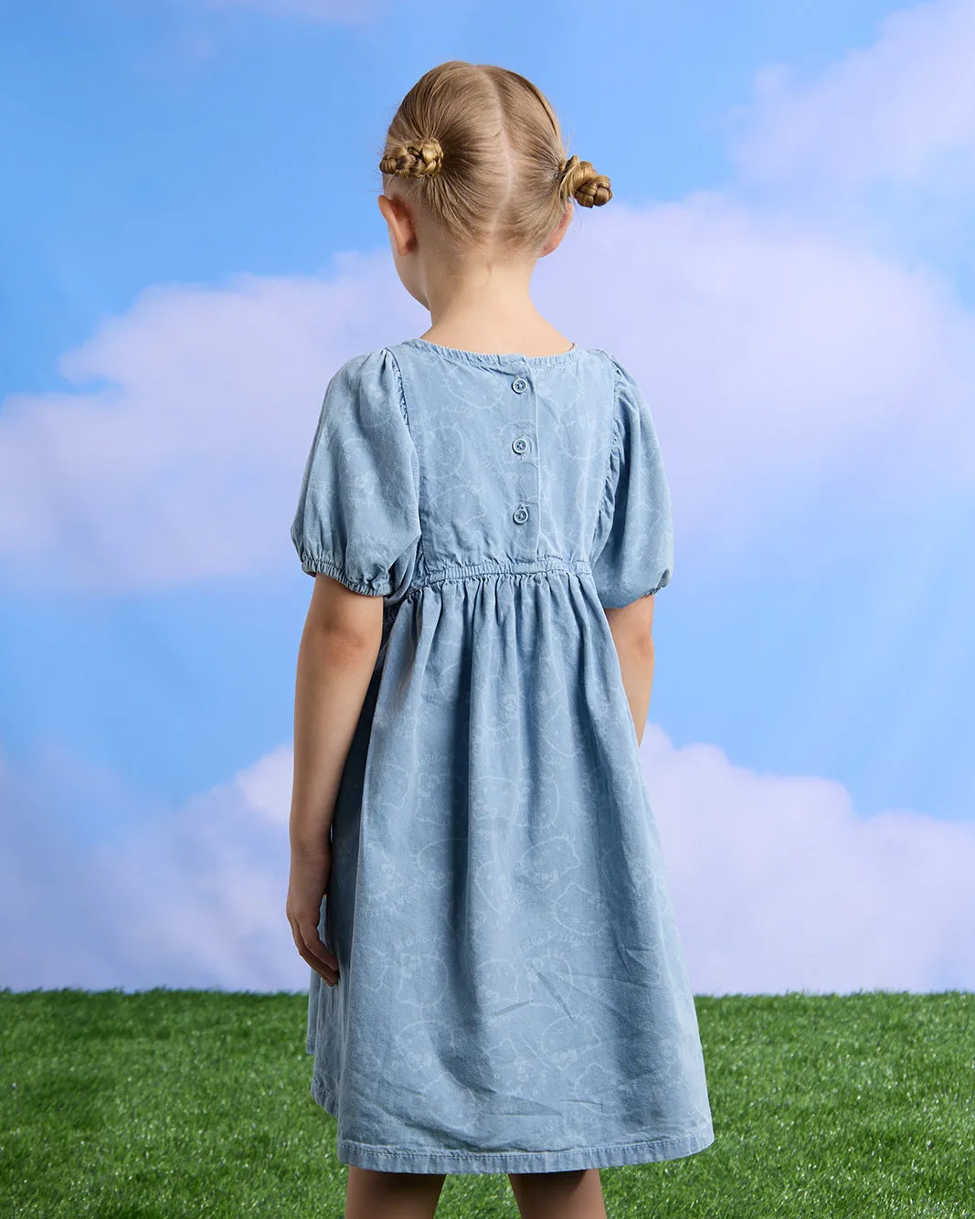 Girls Blue Printed Denim Dress