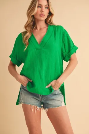 Green V-Neck Short Sleeve Blouse