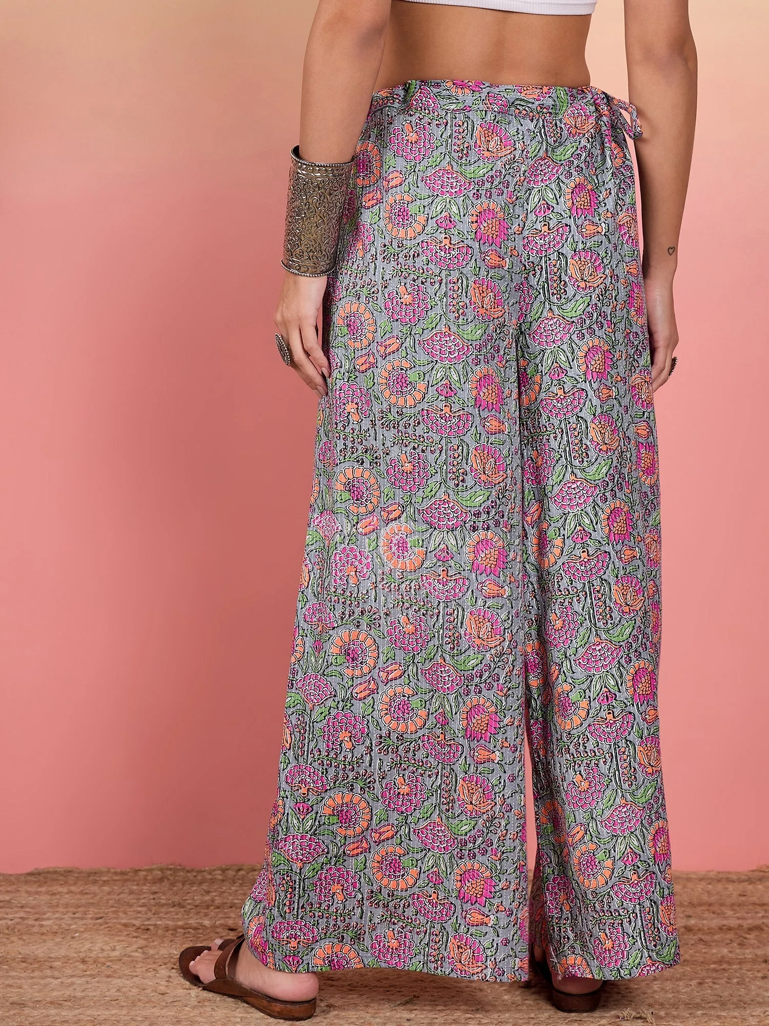 Grey Kantha Floral Jaal Print Palazzo