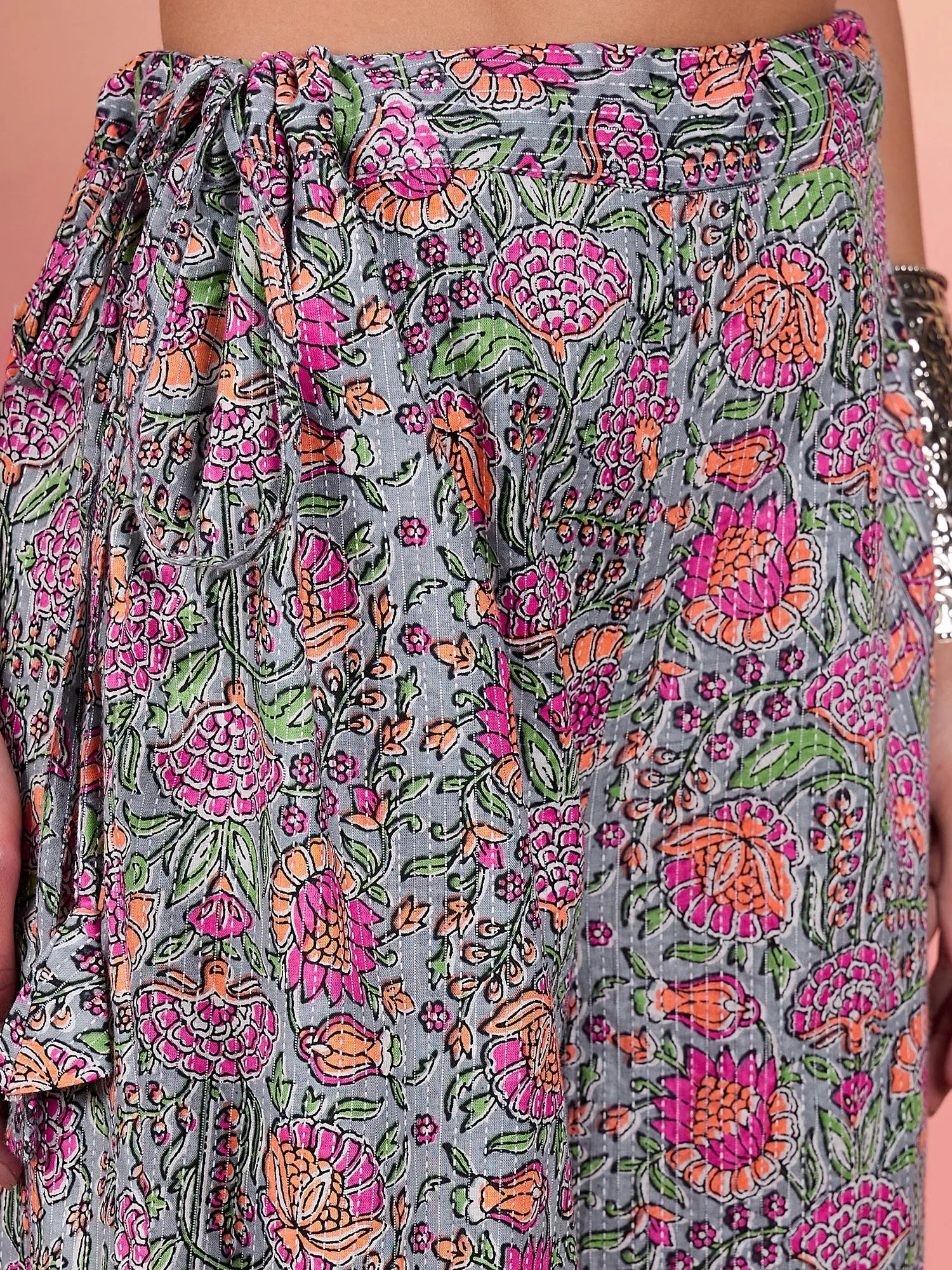 Grey Kantha Floral Jaal Print Palazzo
