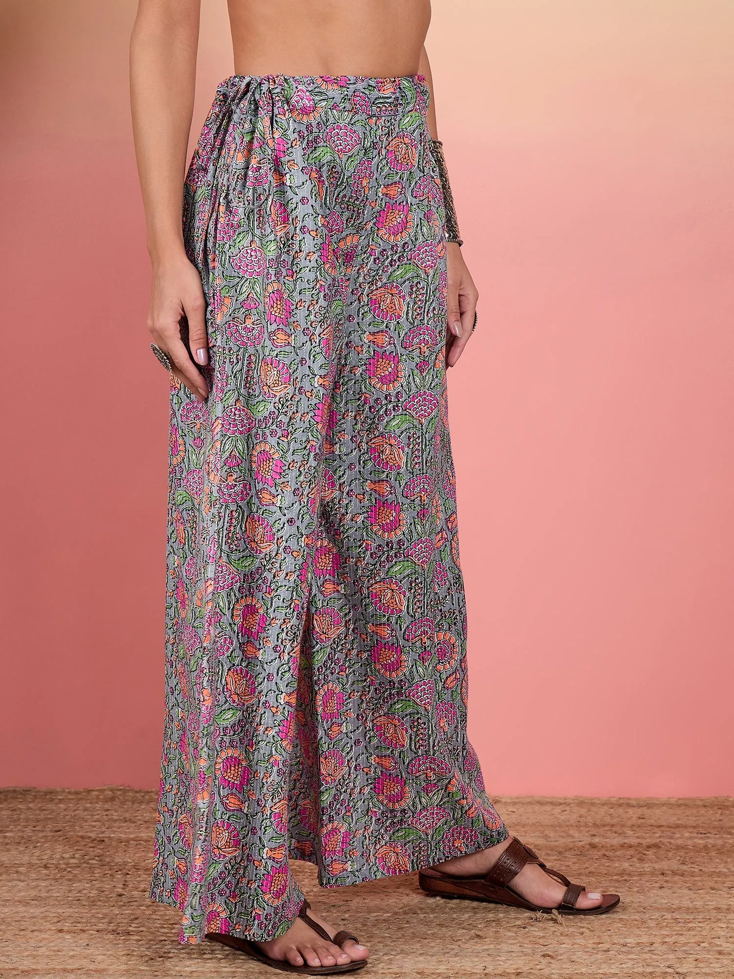 Grey Kantha Floral Jaal Print Palazzo