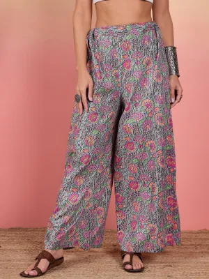 Grey Kantha Floral Jaal Print Palazzo