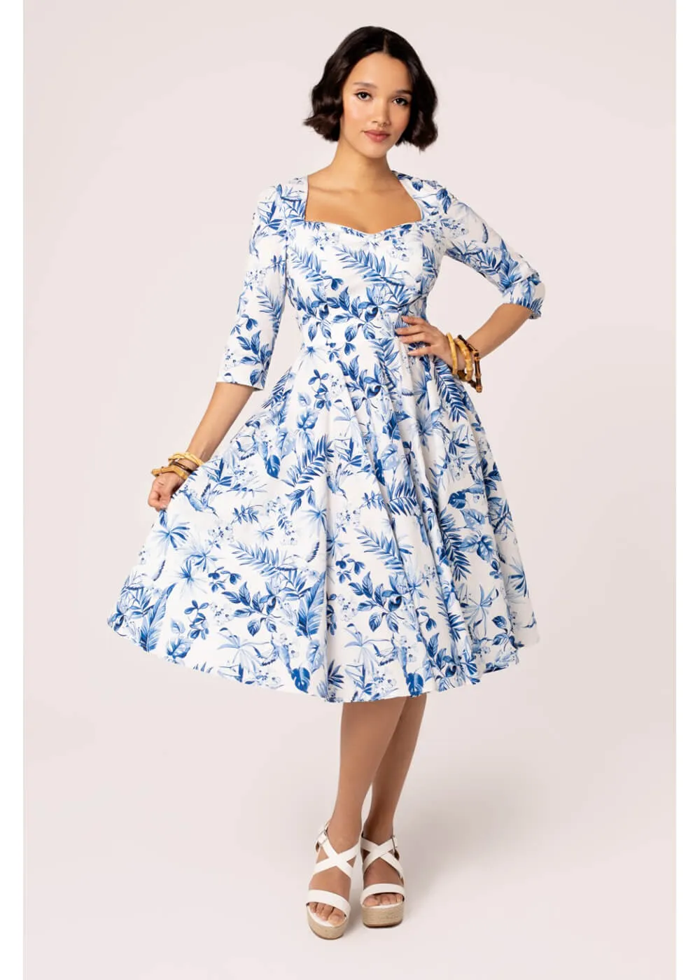 Hell Bunny Adeline Leaves 50's Swing Dress Blue