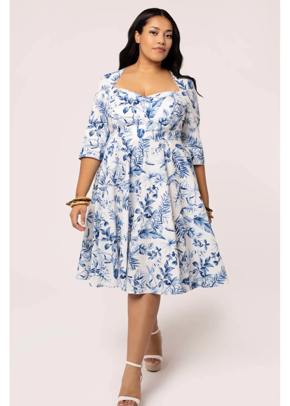 Hell Bunny Adeline Leaves 50's Swing Dress Blue