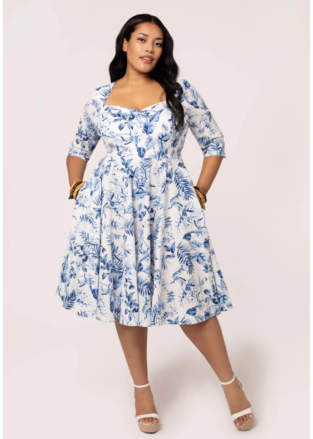Hell Bunny Adeline Leaves 50's Swing Dress Blue