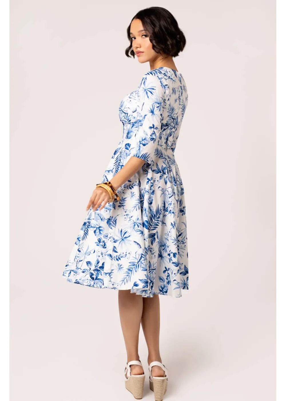 Hell Bunny Adeline Leaves 50's Swing Dress Blue
