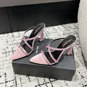 HIGH CRYSTAL STRAP SANDALS IN LIGHT PINK SILK