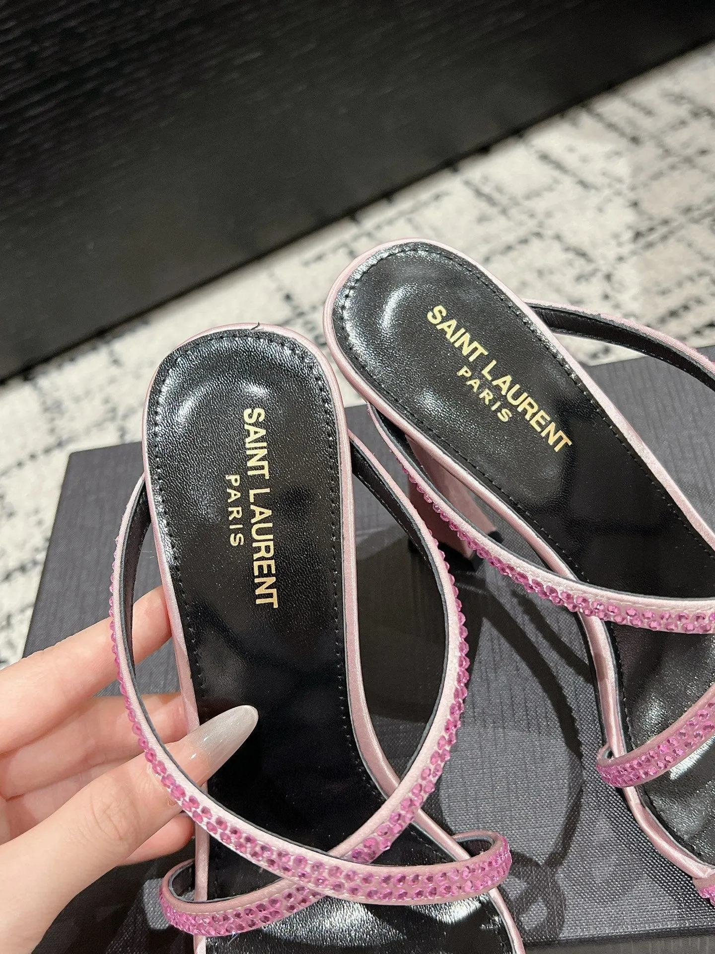 HIGH CRYSTAL STRAP SANDALS IN LIGHT PINK SILK