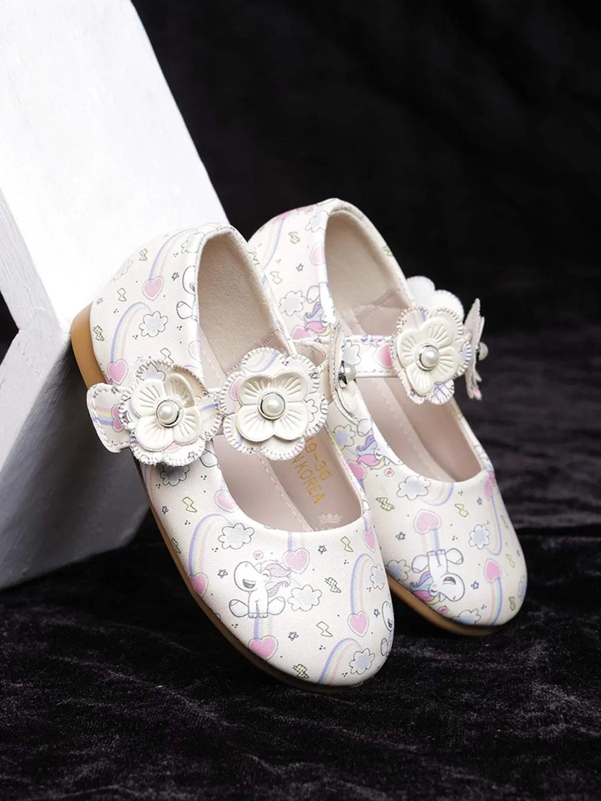 Ivory Ballerinas with Unicorn Print and Attached 3D Flowers for Girls