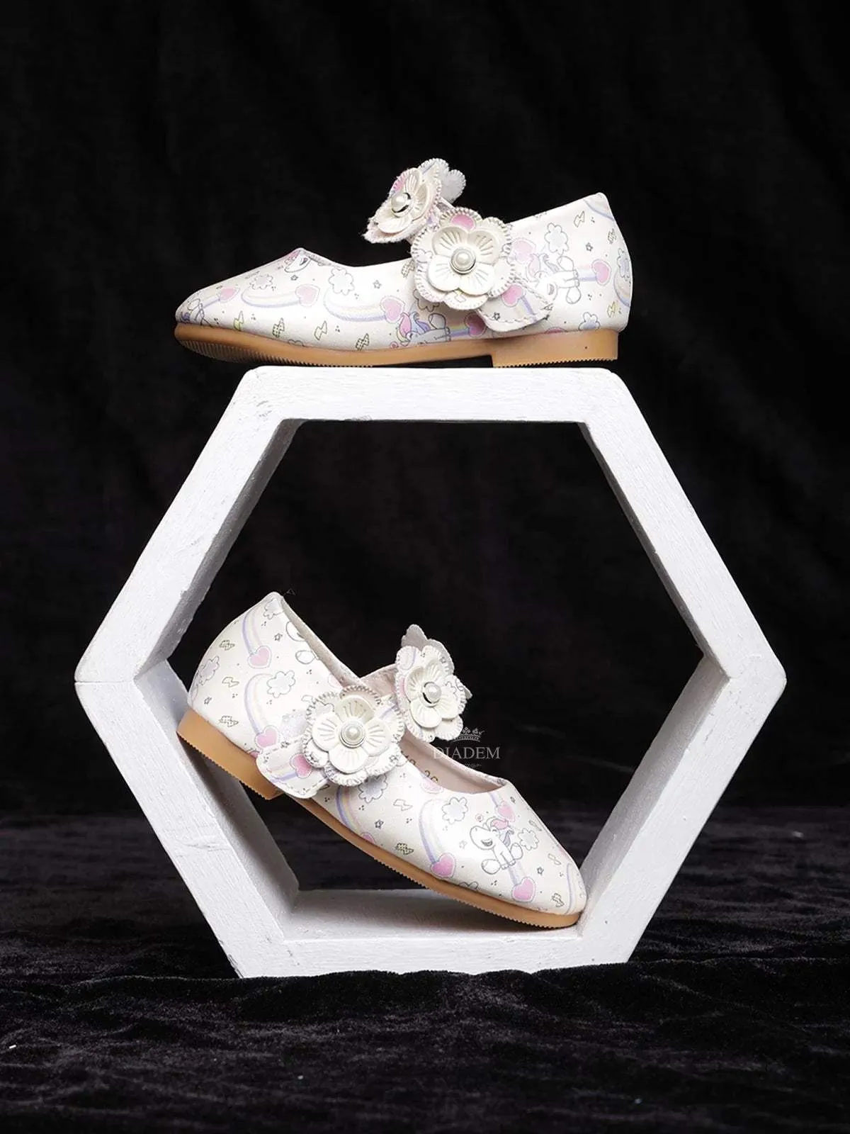 Ivory Ballerinas with Unicorn Print and Attached 3D Flowers for Girls