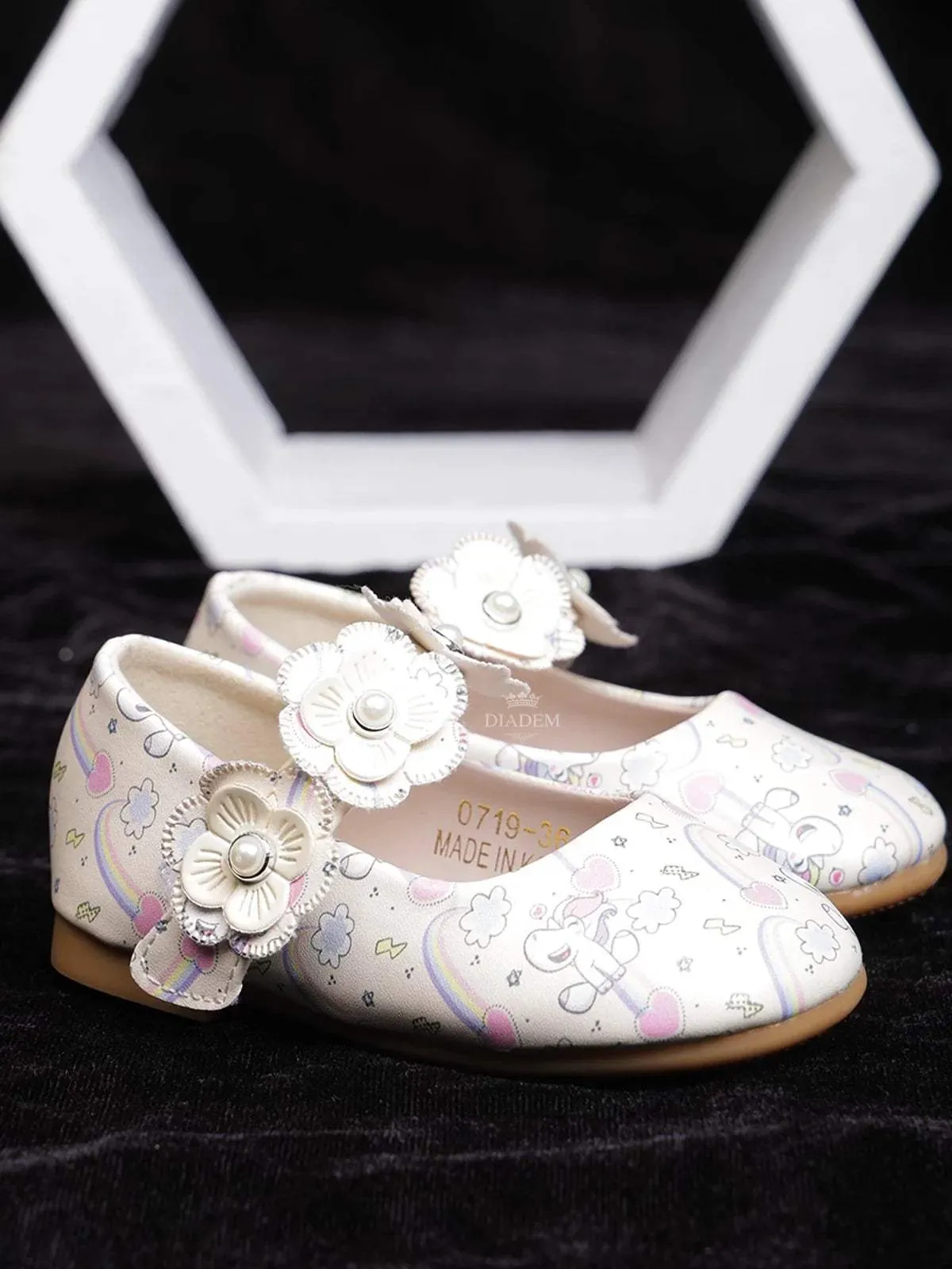 Ivory Ballerinas with Unicorn Print and Attached 3D Flowers for Girls