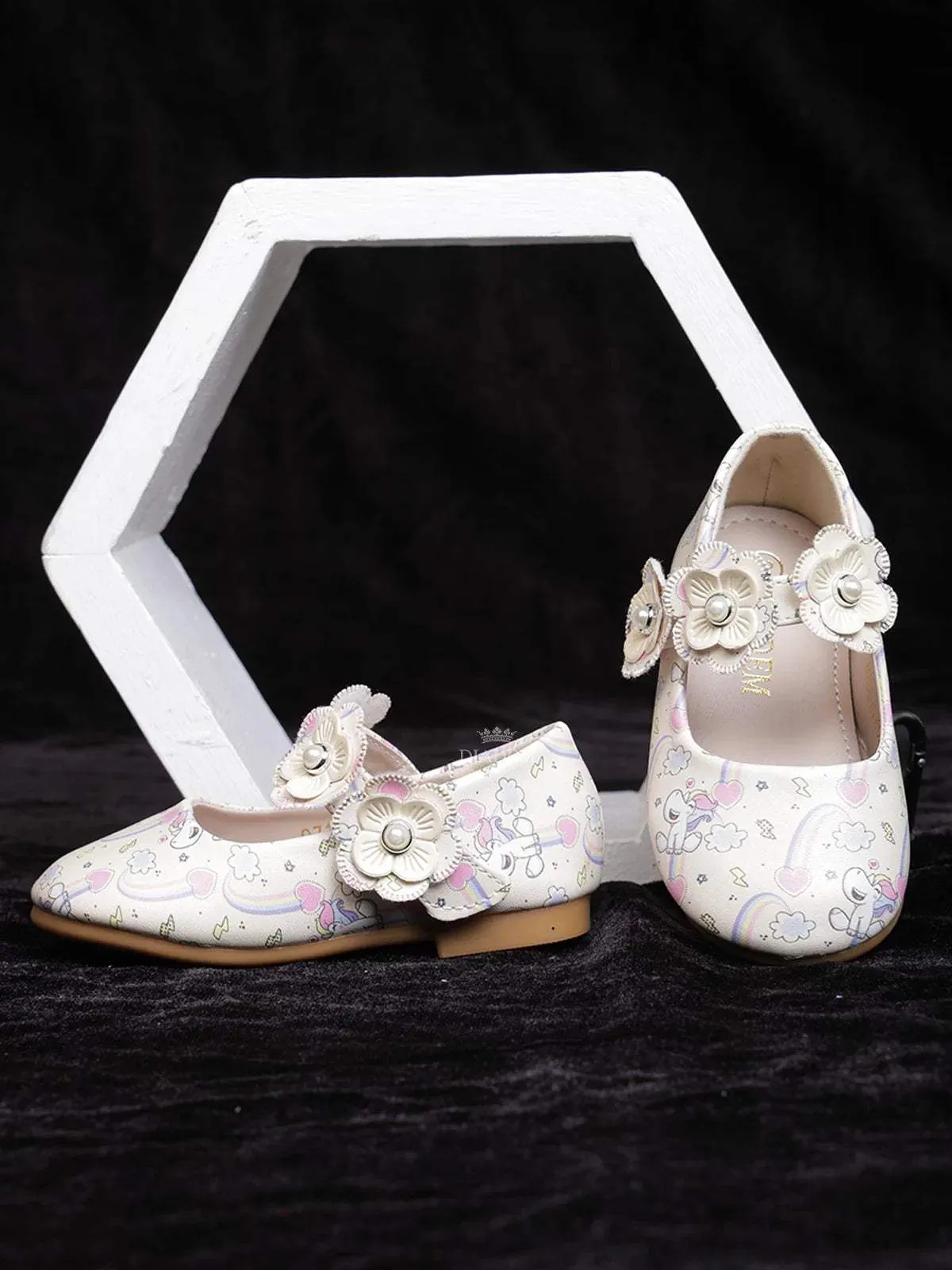 Ivory Ballerinas with Unicorn Print and Attached 3D Flowers for Girls