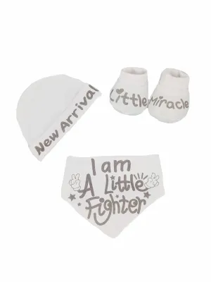 'Little Miracle' 3 Piece, Hat, Bib & Booties Set - White