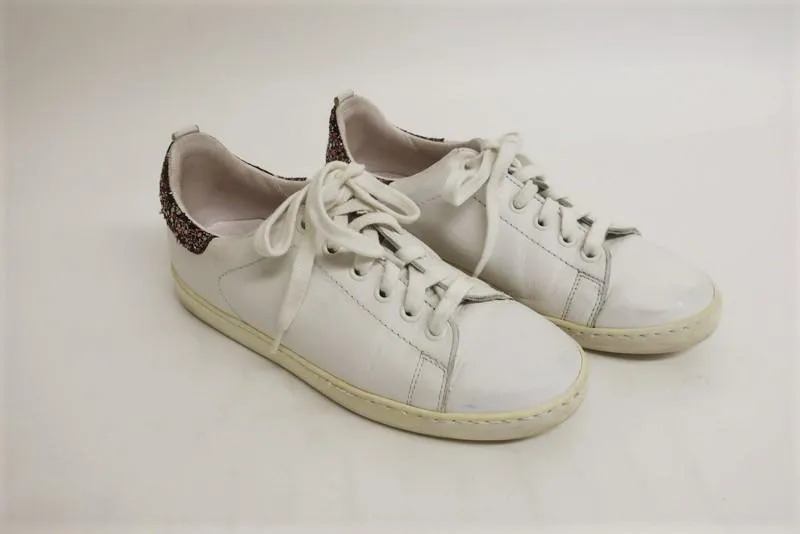 Maje Fanny Low Top Sneakers Glitter-Heel White Leather Size 36