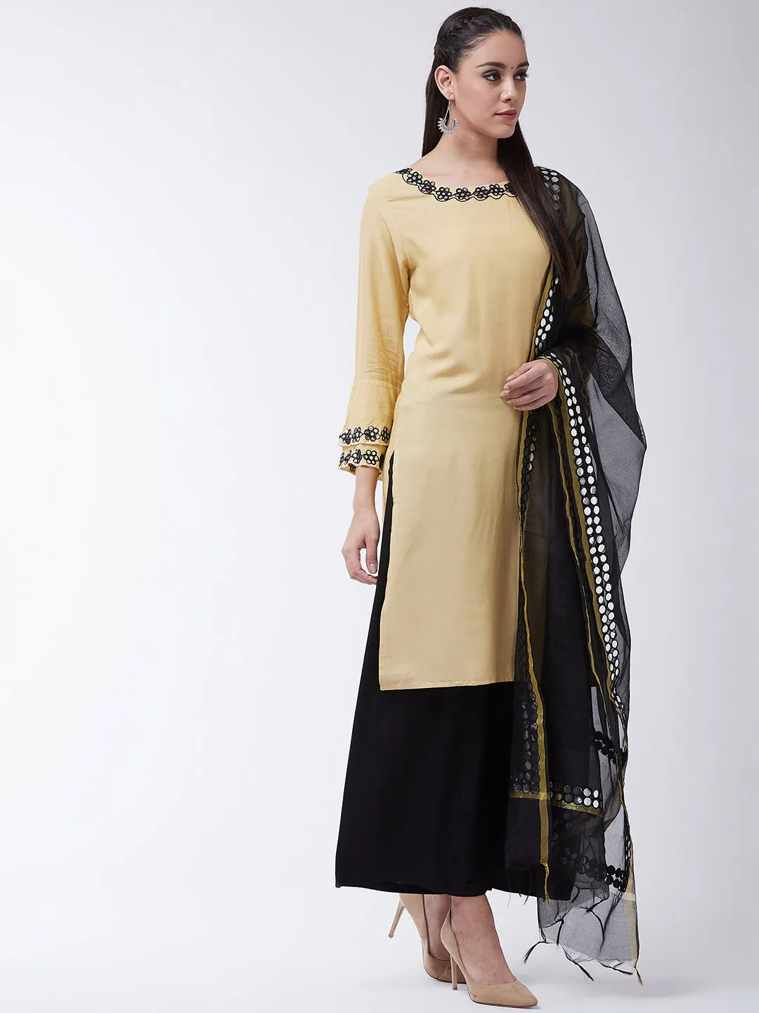 Mirror Work Beige Kurta With Black Dupatta And Palazo