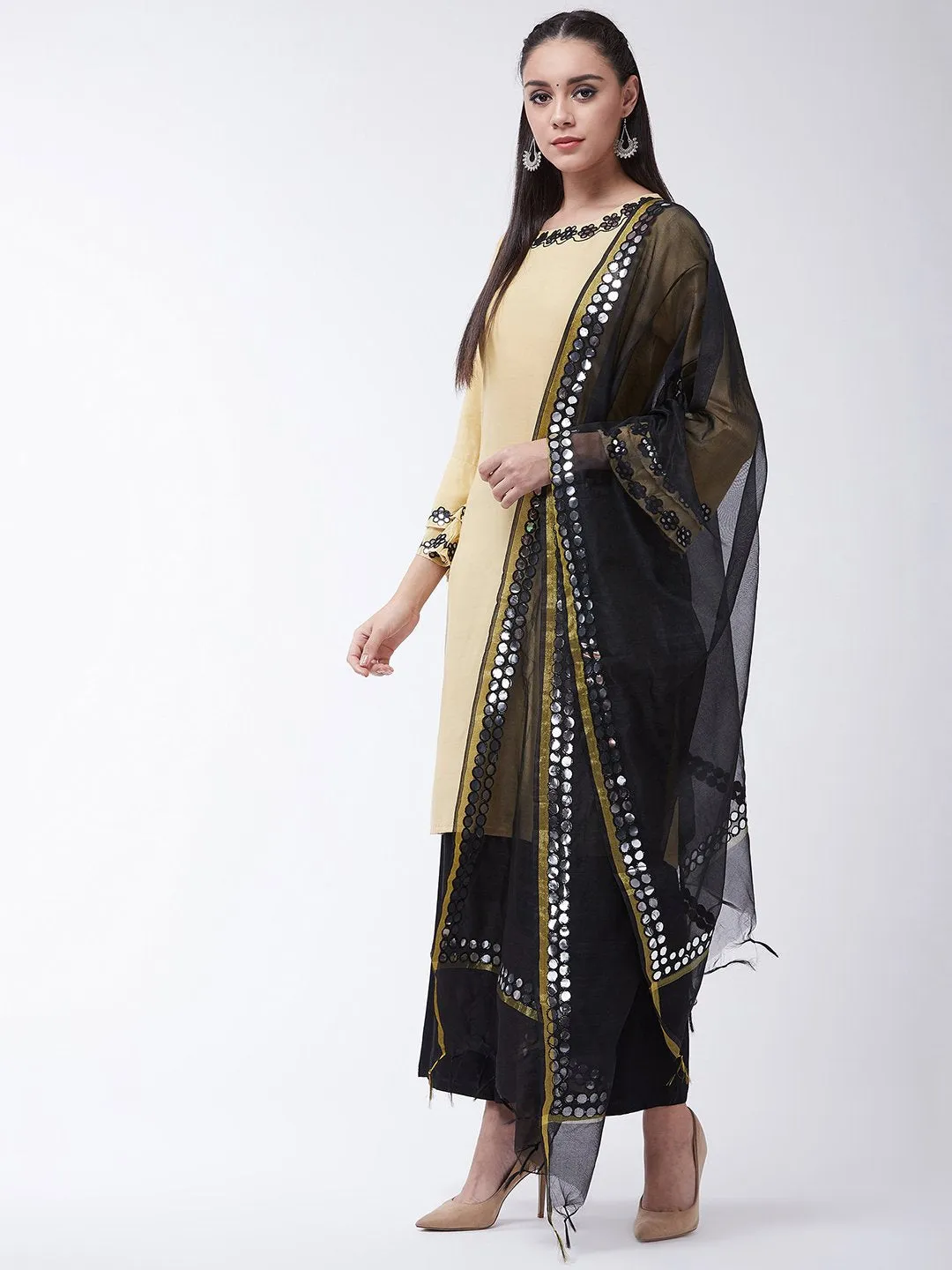 Mirror Work Beige Kurta With Black Dupatta And Palazo