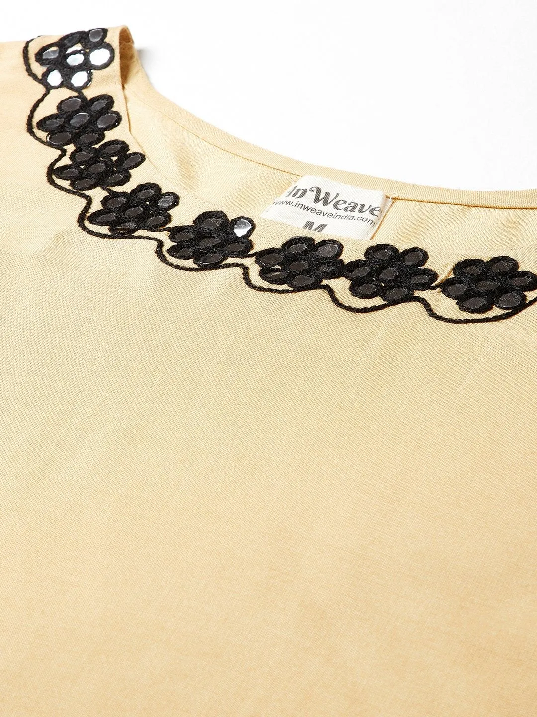 Mirror Work Beige Kurta With Black Dupatta And Palazo