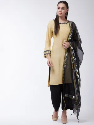Mirror Work Beige Kurta With Black Dupatta And Palazo