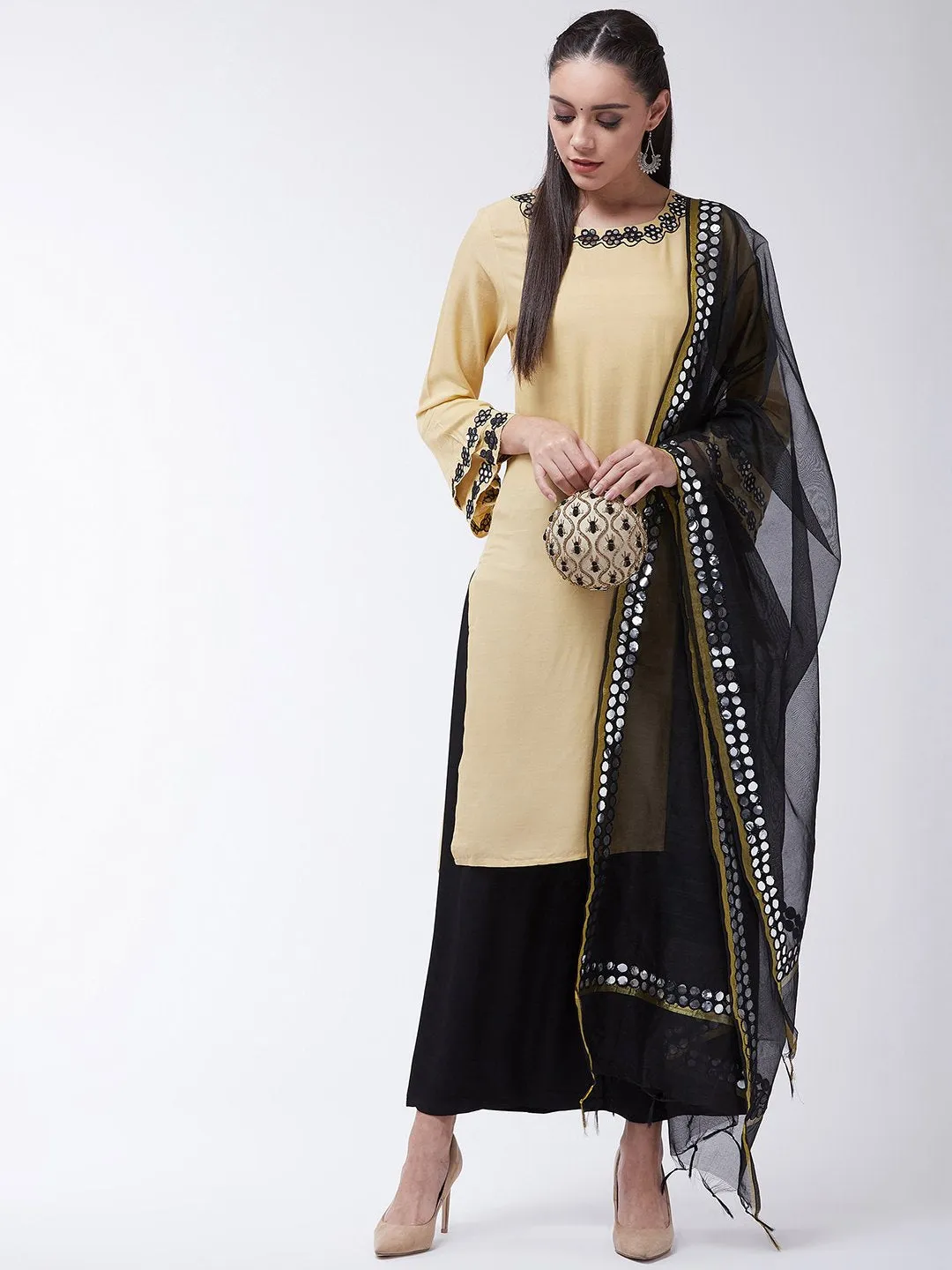 Mirror Work Beige Kurta With Black Dupatta And Palazo