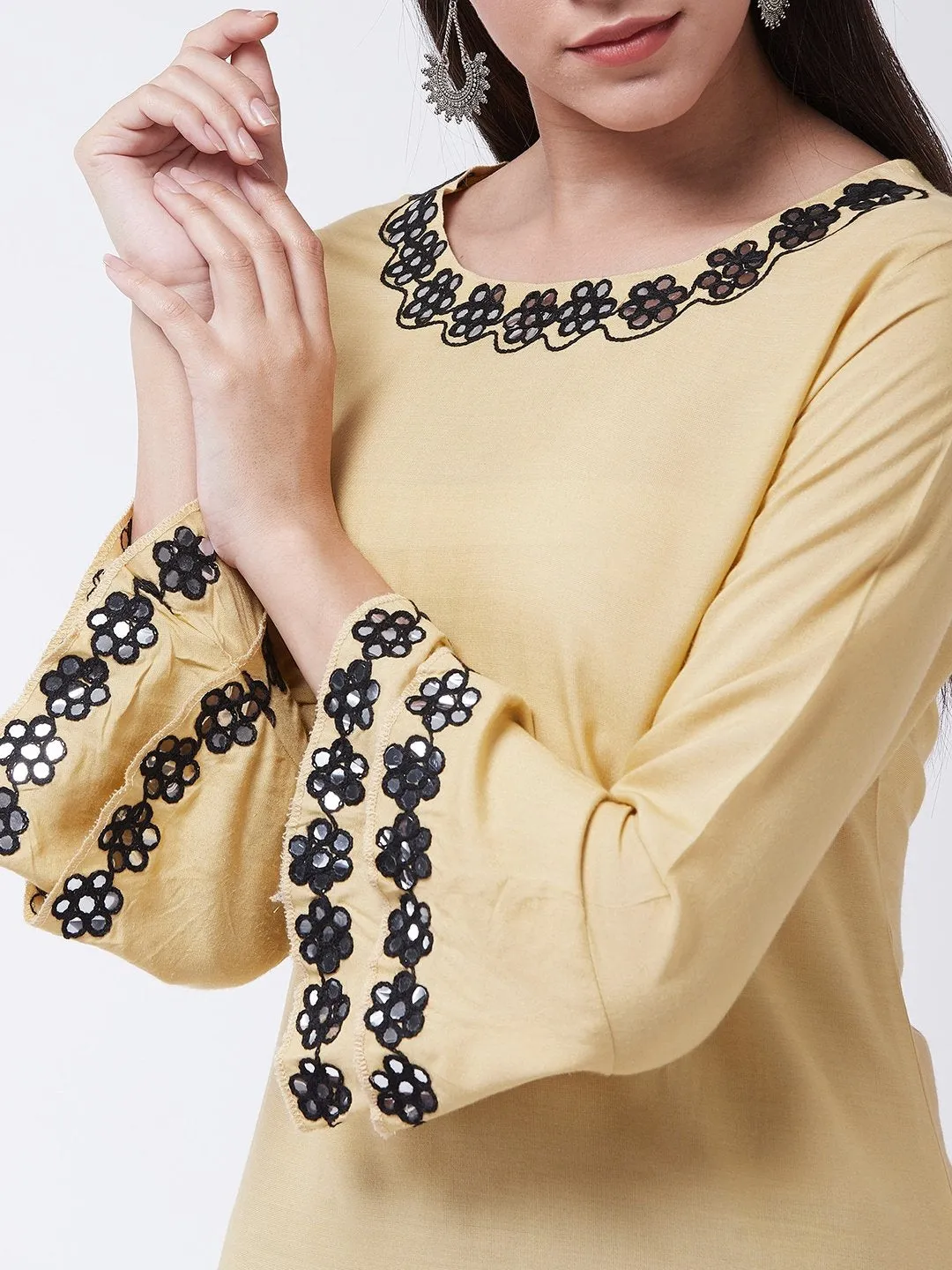 Mirror Work Beige Kurta With Black Dupatta And Palazo